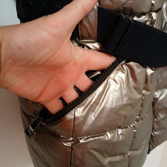 Michael Kors Champagne Metallic Belted Puffer Jacket/ Detachable Hood sz L - Picture 4 of 10